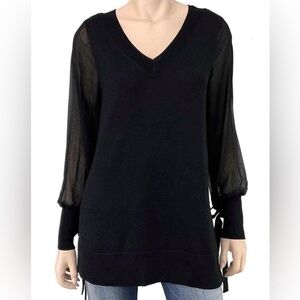 Black V-Neck Sweater With Sheer Sleeves